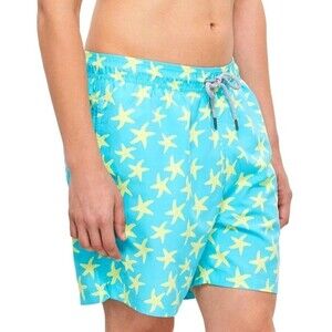 Tom & Teddy Men's LARGE Swim Trunks Blue With Yellow Starfish Lined, Pockets